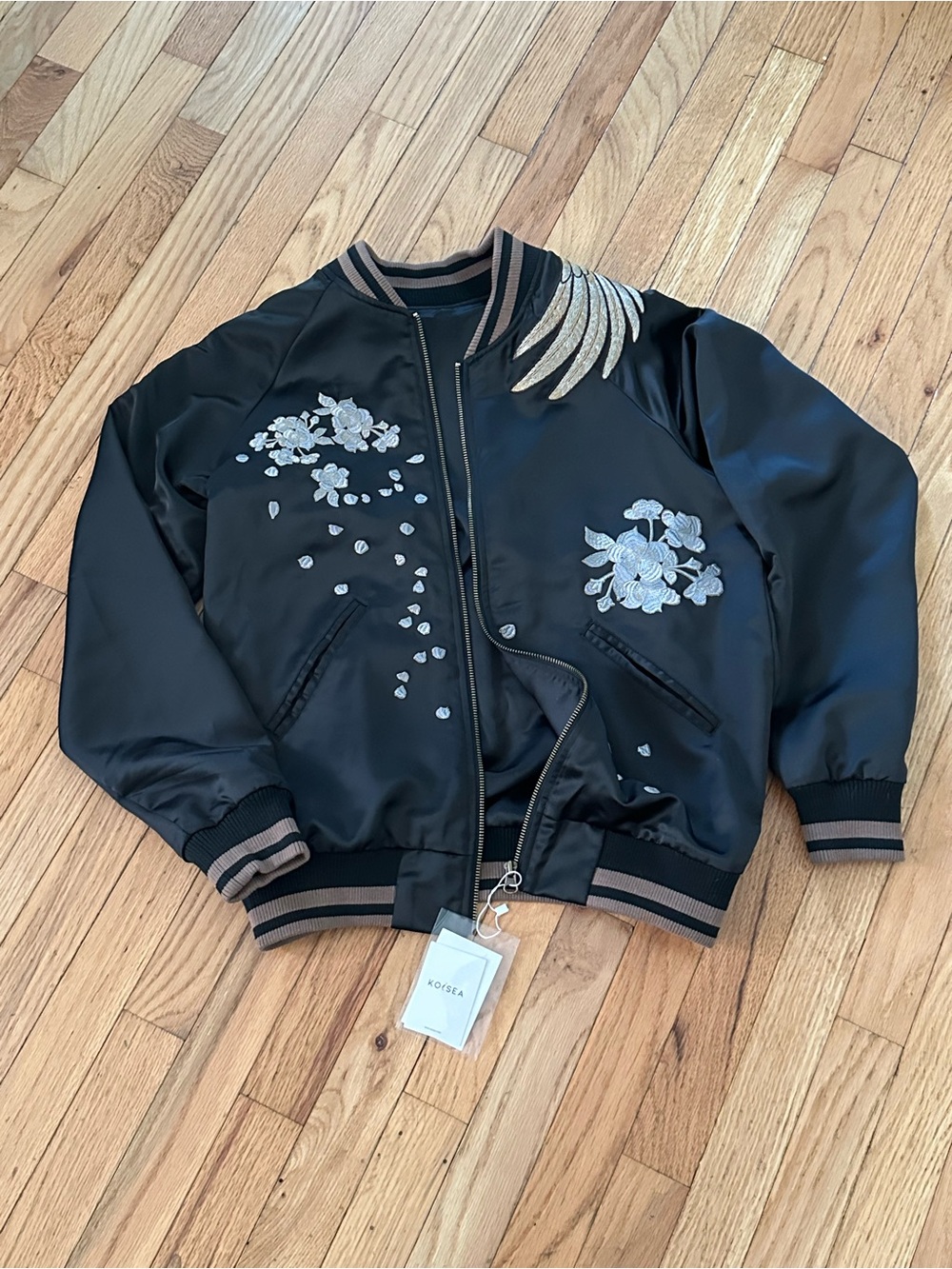 Black Embroidered Floral Bomber Jacket with Metallic Wing Detail